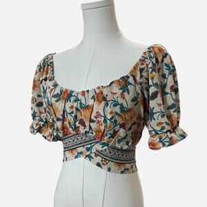 Milk & Honey Ivory, Teal & Orange Boho Floral On or Off the Shoulder Crop Top XS